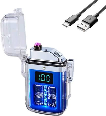 Electronic Rechargeable Lighter, Electric Arc Lighter, Transparent Waterproof Double Arc Lighter LED Power Display Type-C Rechargeable Lighter