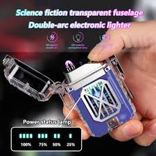 Electronic Rechargeable Lighter, Electric Arc Lighter, Transparent Waterproof Double Arc Lighter LED Power Display Type-C Rechargeable Lighter