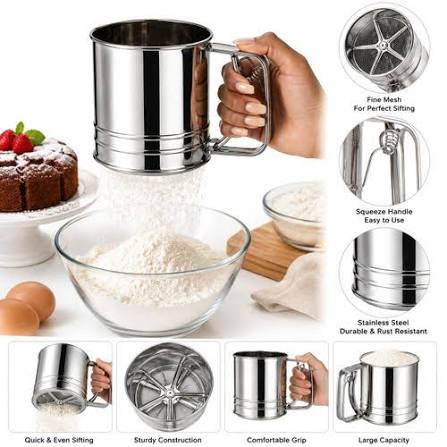 Flour Sifter, Stainless Steel Sifter for Baking, Double Layer Fine Mesh Baking Sifter, One Hand Press Crank Sifter for Powdered Sugar Shaker Duster, Flour Sieve Sifter for Baking Cakes Rondauno